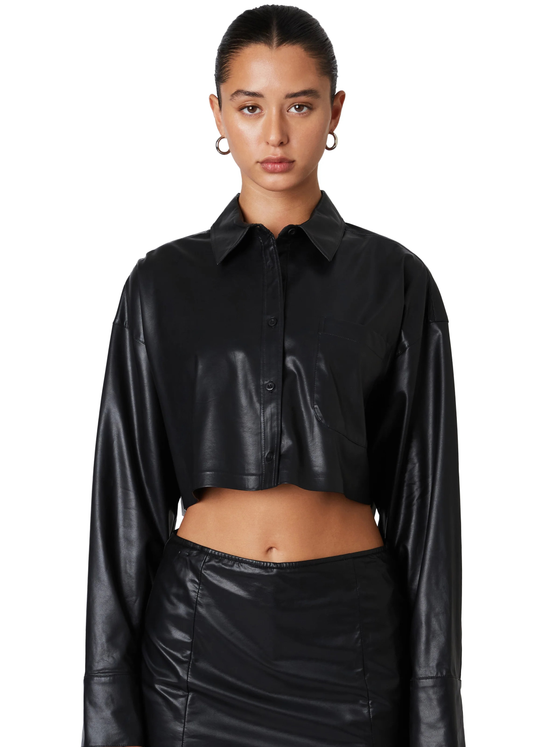 Vegan Leather Button Up Shirt Austin Shirt Nia in Black