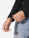 Beulah Style Rhinestone Embellished Mock Neck Long Sleeve Top in Black