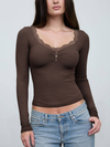 Lace Trim Button Detail Long Sleeve Knit Top