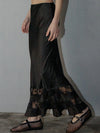 Raisonnel Satin Lace Trim Midi Skirt in Black 