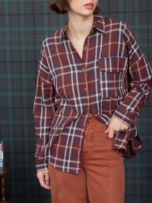  Plaid Button Down Pocket Detail Long Sleeve Shirt in Burgundy Multi
