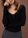 Lace Trim Button Detail Long Sleeve Knit Top