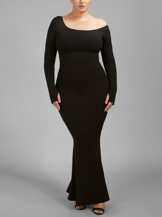 TA3 Scoopy Long Sleeve Rib Mermaid Dress in Black