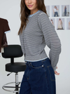 The Workshop Studio Stripe Contrast Trim Button Down Knit Cardigan in Navy
