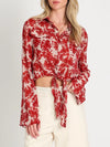 Beulah Style Floral Tie-Front Sheer Blouse in Red