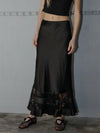 Raisonnel Satin Lace Trim Midi Skirt in Black 