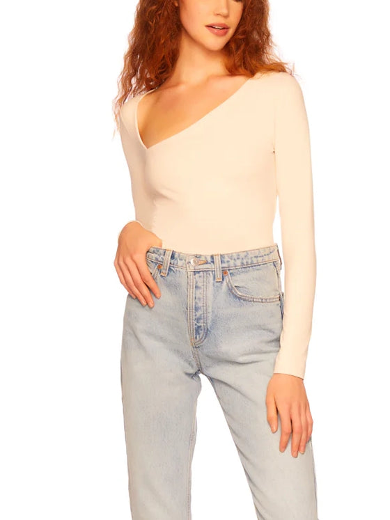 Susana Monaco Diagonal Neck Long Sleeve Top in Blanched Almond