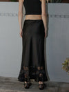 Raisonnel Satin Lace Trim Midi Skirt in Black 