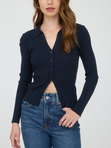  Collared Button Front Long Sleeve Sweater Knit Top