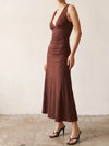 Et Clet V Plunge Neck Flowy Hem Midi Dress in Chocolate