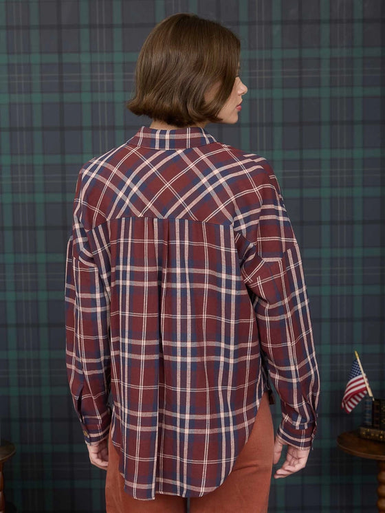 Plaid Button Down Pocket Detail Long Sleeve Shirt in Burgundy Multi