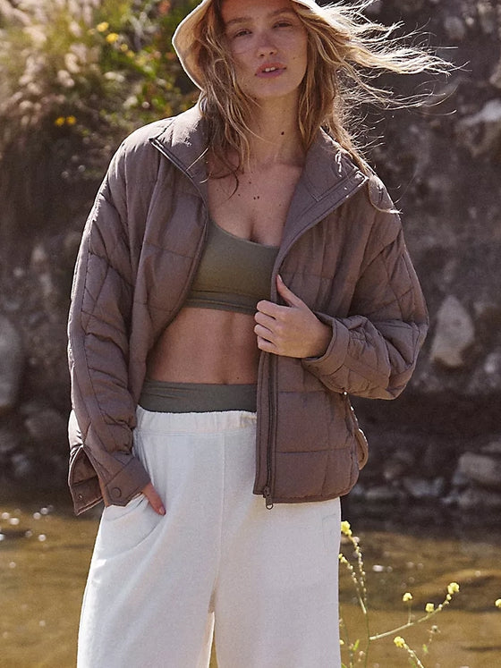 Free People Pippa Packable Puffer Jacket in Fossil tan