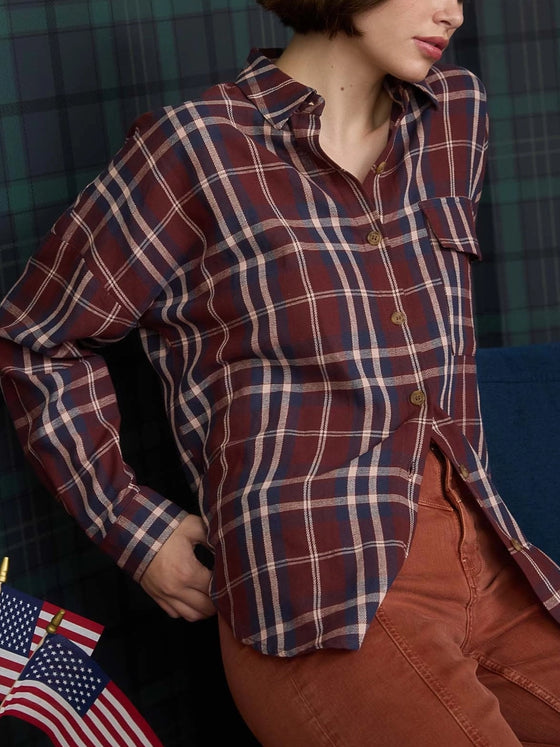Plaid Button Down Pocket Detail Long Sleeve Shirt in Burgundy Multi