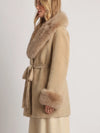 Beulah Style Plush Faux Fur Belted Wrap Coat in Beige