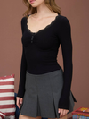 Lace Trim Button Detail Long Sleeve Knit Top