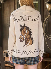  J.O.A. Horse Jacquard Shawl Knit Cardigan in Ivory