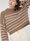 Blu Pepper Stripe Mock Neck Drop Shoulder Knit Sweater in Cocoa