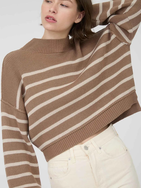 Blu Pepper Stripe Mock Neck Drop Shoulder Knit Sweater in Cocoa