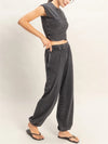 Double Zero Rolled Sleeve Wrap-Front Crop Top And Jogger Set Black