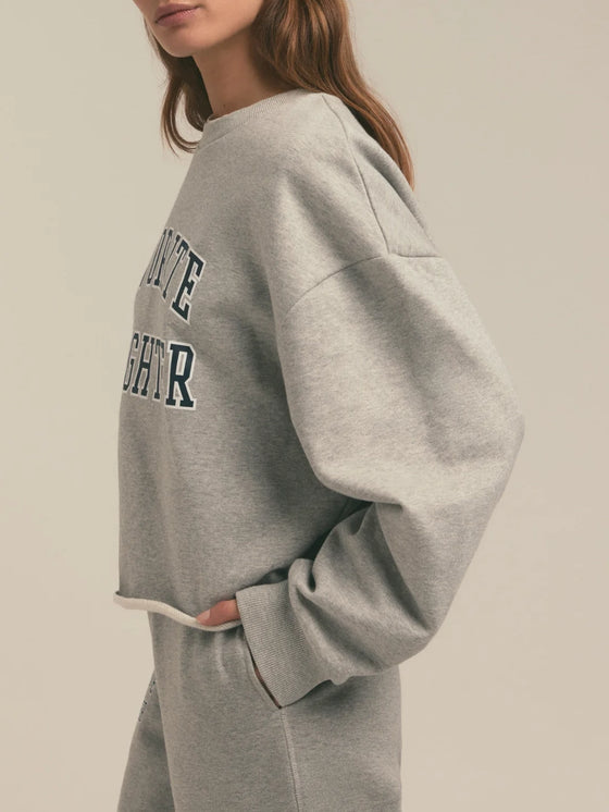 Favorite Daughter The Cropped Collegiate Sweatshirt in Heather Grey Navy cutoff