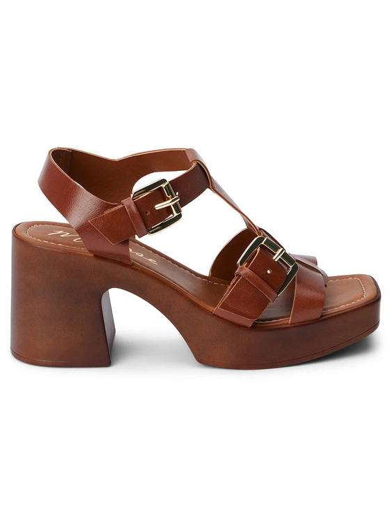 Harrison Cognac Leather Heeled Platform Sandal Heel Buckle Detail Matisse Women's Summer Heels