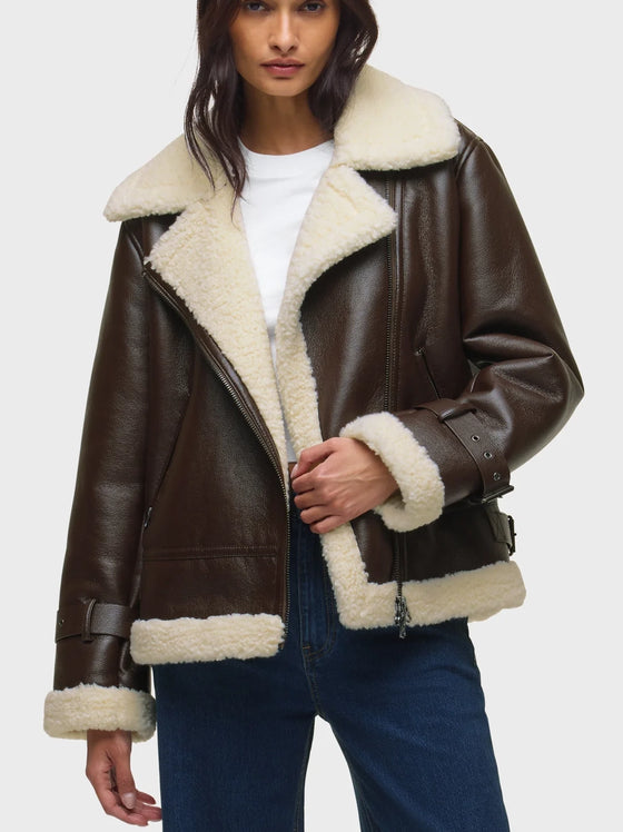 Hudson Vegan Leather Sherpa Jacket in Black Coffee