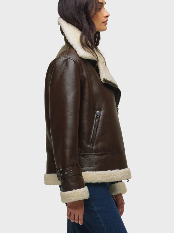 Hudson Vegan Leather Sherpa Jacket in Black Coffee