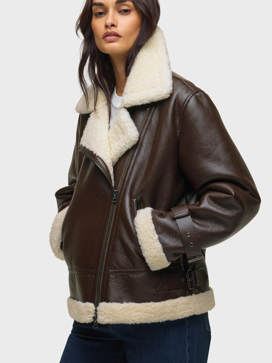 Hudson Vegan Leather Sherpa Jacket in Black Coffee