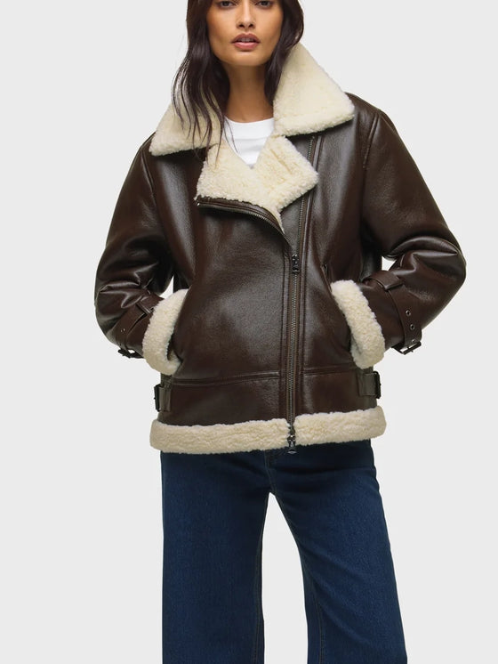 Hudson Vegan Leather Sherpa Jacket in Black Coffee