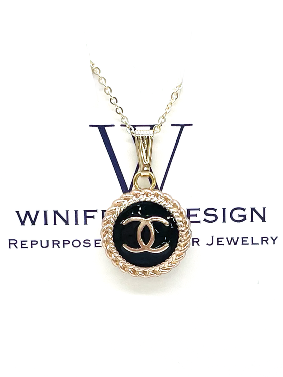 Winifred Design Chanel Gold 16mm Button Pendant in Black